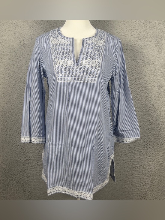 J Mclaughlin Tops - J McLaughlin Top Women Small Blue White Striped Embroidered Tunic Preppy Casual